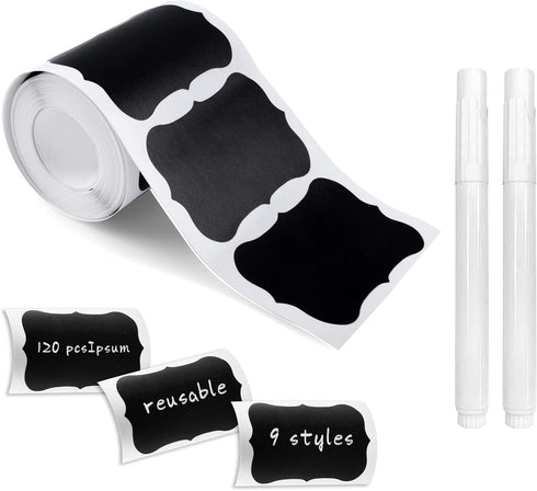 Chalkboard Labels, 120 Pcs Black Reusable Waterproof Labels Stickers with 2 White Chalk Markers, Kitchen Pantry Sticker Labels for Containers, Mas...