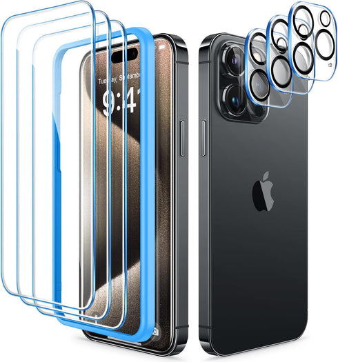 CANSHN [3+3 Pack for iPhone 15 Pro Screen Protector Tempered Glass & Camera Lens Protector Accessories with Easy Installation Frame, Double Shatte...