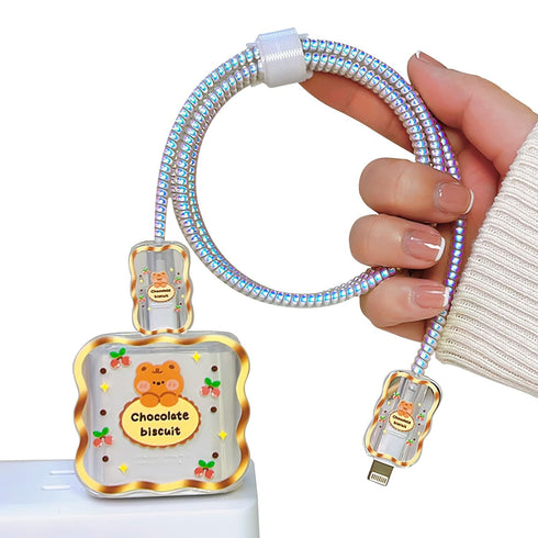 Lovely Cable Protector for iPhone 18W/20W Charger Wave Edge Cute Kawaii Cartoon Brown Bear Design,Clear Data Line Cable USB Wire Cord Saver Charge...