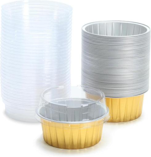 Aluminum Cups with Lids, 4.2oz 50Pcs Gold Disposable Cake Pans with Lids, Creme Brulee Cups, Mini Cake Pans for Party, Wedding, Birthday...