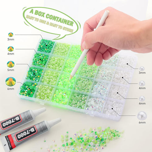 14400PCS Green Flatback Pearls Rhinestones,B7000 Jewelry Glue with Flat Back Pearl and Resin Rhinestones for Crafts,Tumblers,Shoes,Nails,Face Art,...