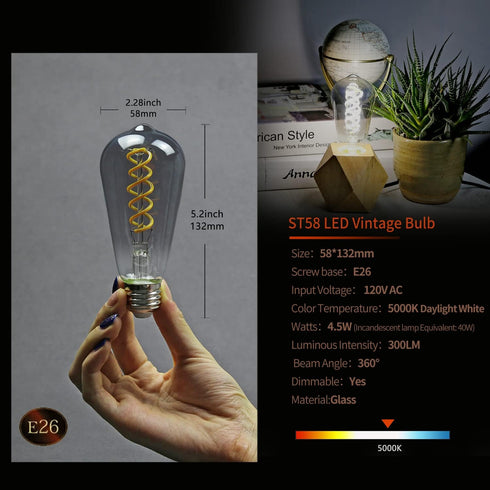 ST19(ST58) LED Smoky Grey Glass Edison Bulb, Vintage, 6 Pack, Daylight 5000K, Antique Flexible Spiral LED Filament Light Bulb, Dimmable, 300LM, 4....