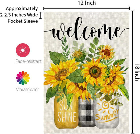CROWNED BEAUTY Summer Garden Flag Mason Jar Sunflower 12x18 Inch Double Sided for Outside Welcome Burlap Small Seasonal Floral Yard Decoration CF8...