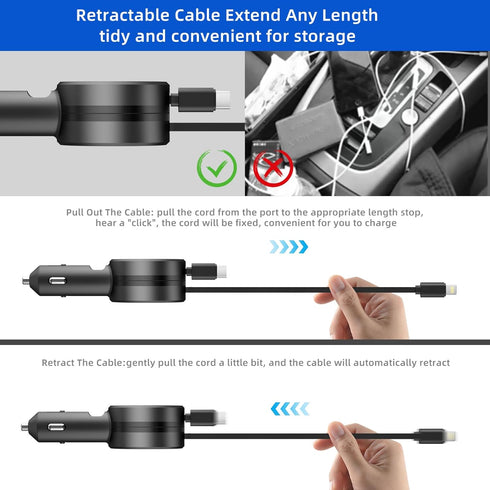 OTAO Retractable Car Charger, 3 in 1 Car Phone Charger Adapter Fast Charge 50W, Type C Cigarette Lighter USB Charger for iPhone 15/14/13/12 Pro Ma...