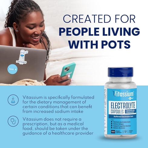 Vitassium Electrolyte Capsules, Electrolytes for Dietary Management of POTS Syndrome Symptoms (500mg Sodium - 100mg Potassium), Unflavored, 100 Bu...