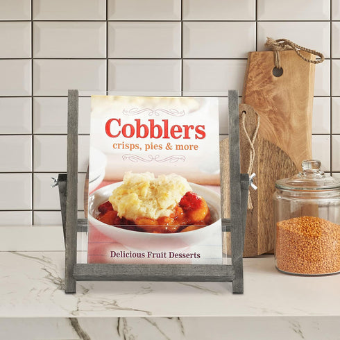 MyGift Wood Cookbook Stand for Kitchen, Vintage Gray and Clear Acrylic Cookbook Recipe Tablet Holder/Book and Magazine Display Rack with Kickstand...