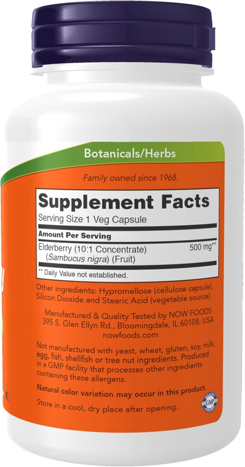 NOW Supplements, Elderberry (Sambucus nigra)500 mg, 10:1 Concentrate, 120 Veg Capsules...