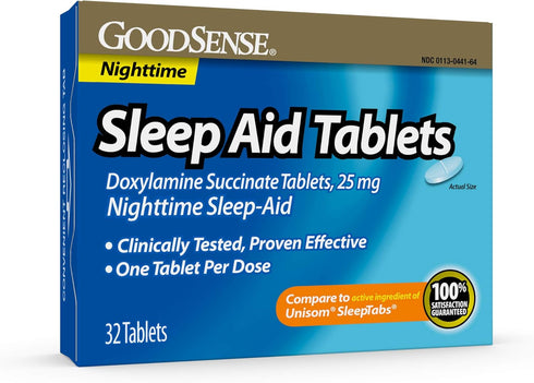 GoodSense Sleep Aid Doxylamine Succinate tablets, 25 mg, 32-count, Nighttime Sleep Aid to Help You Fall Asleep...