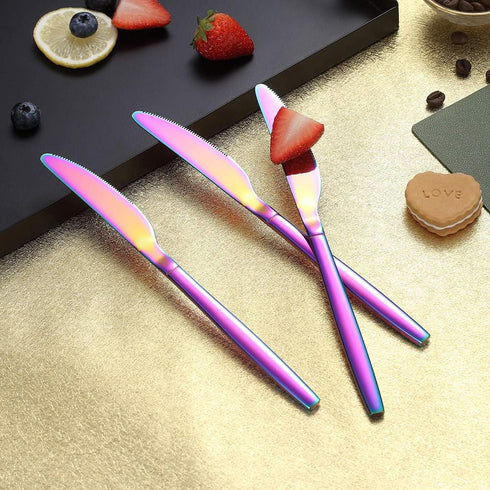 HOMQUEN Rainbow Dinner Knives 4 Pieces, Sturdy 9" Stainless Steel Modern Design Knife, Colorful Titanium Plating Knifes Set With Round Edge Dishwa...