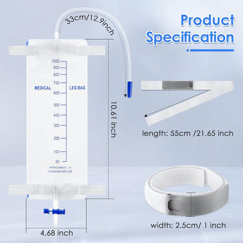 3 Pcs 1000ml Leg Bag Urinary Drainage Bag with Tubing, Urine Collection Bag with Elastic Straps & Anti Reflux Valve, Disposable Urine Leg Bag for ...