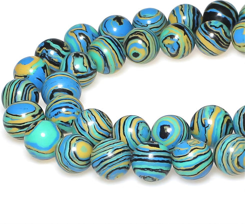 Synthesis Colour Malachite Beads Beautiful Fashion Round Stone Beads for DIY Jewelry Making 15" (10mm, Blue- Gold - Black)...