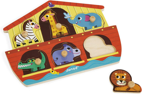Janod 6 Piece Noah’s Ark Puzzle Themed Wooden Peg Colorful Jigsaw Puzzle - Encourages Shape Recognition, Dexterity, and Language Development - Pre...
