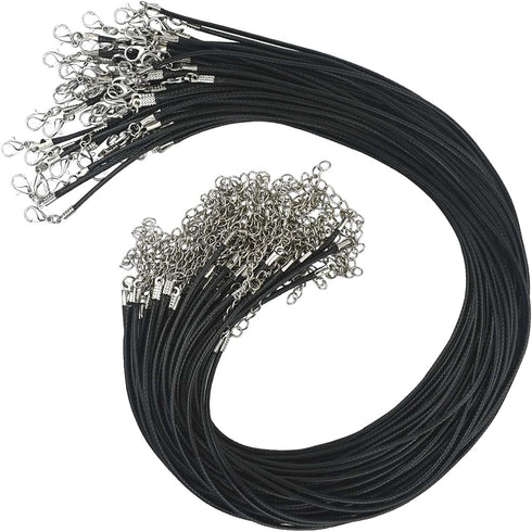 50 Pcs Black Waxed Necklace Cord 2MM Waxed Leather Cord Rope with a Lobster Claw Clasp Necklace Cord Bulk for Jewelry Making Bracelet Chain Neckla...