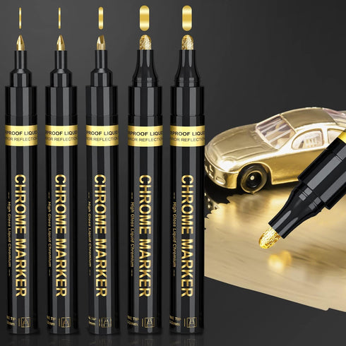 5 Liquid Gold Paint Pens for Art, Mirror Chrome Marker, Reflective Gloss Permanent Marker, Touch Up Repair Paint Pen for Model, Wood, Rock, Glass,...