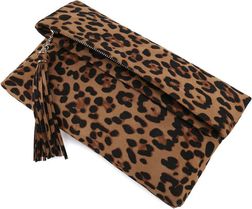 CHARMING TAILOR Leopard Clutch Bag for Women Tassel Foldover Clutch Faux Suede Dressy Purse for Day to Evening...