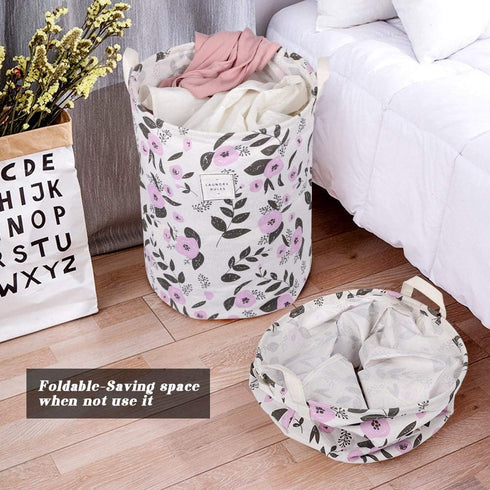 UUJOLY Collapsible Laundry Basket, Laundry Hamper with Handles Waterproof Round Cotton Linen Laundry Hamper Printing Household Organizer Basket, 1...