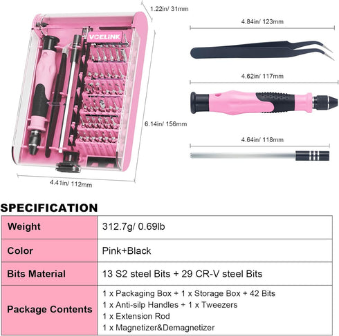 VCELINK Pink Screwdriver Set, Upgraded Small Precision Screwdriver Kit 45 in 1 with Case, Magnetic Repair Tool Set Gift for Women Compatible with ...