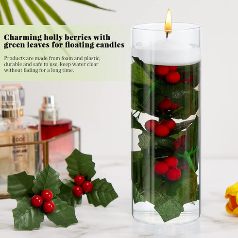 Christmas Holly Berries for Crafts Faux Berries Flowers and Holly Leaves Christmas Wreath Fillers for Vase Fillers Floating Candle Table Centerpie...