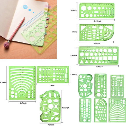 KESAPLAN 9 PCS Drawing Templates Plastic Rulers Multi-Function Measuring Rulers with French Curve Ruler,Geometric Drawings Templates Rulers Tool S...