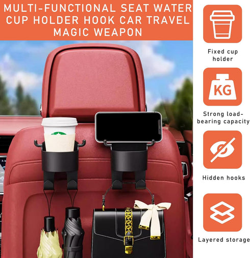 Multifunctional Hook for Car Seat Back, Seat Headrest Hanger with Cup Holder, Auto Hanging Organizer for Purse Drink Cellphone, Universal Vehicle ...