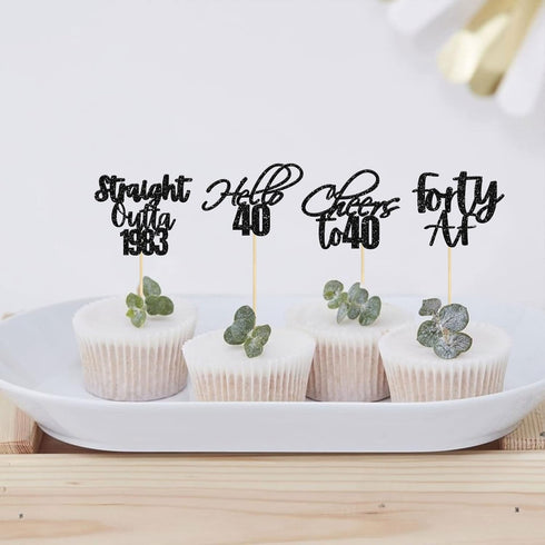 Gyufise 48 Pack Black Glitter Hello 40 Cupcake Toppers Glitter Forty Cheers to 40 Straight Outta 1983 Cupcake Picks for 40th Birthday Anniversary ...