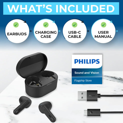 PHILIPS True Wireless Earbuds, TWS Bluetooth 5.3 Headphones, 13mm Drivers, AI Mic for Clear Calls, IPX4 Waterproof, 15 Hours Playtime, Compatible ...