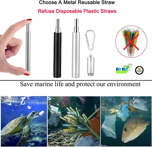 2 Pack Reusable Metal Straws Collapsible Stainless Steel Drinking Straw Travel Portable Telescopic Straw with Case,2 Cleaning Brushes Included Bla...