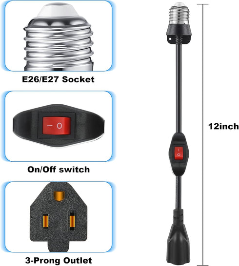 3 Outlet Light Socket Adapter, Convert E26/E27 Bulb Socket to 3 Prong Outlet with On/Off Switch, Flexible Light Socket Converter Suitable for Indo...