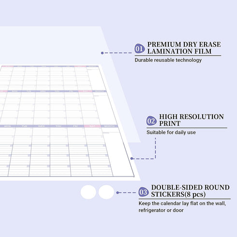BooQool Large Dry Erase Calendar for Wall - Undated 3 Month Calendar, 27.7'' x 40'', Erasable & Reusable Laminated White Board with 8 Round Sticke...