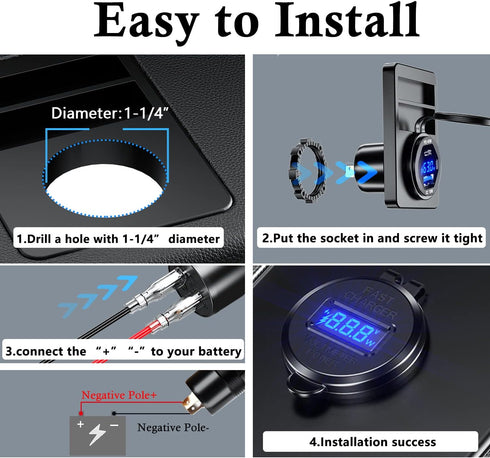 BATIGE PD 45W USB C Quick Charger 18W USB 3.0 Charger Socket Waterproof with Switch LED Voltmeter and Wire Fuse DIY Kit for 12V/24V Car Boat Marin...