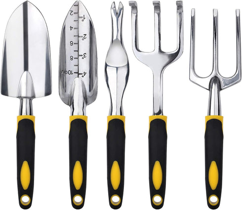 FEBSNOW Garden Tool Set - 5 Pieces Heavy Duty Gardening Hand Tools Kit Include Garden Trowel, Garden Rake, Spade Shovel, Weeder, Cultivator for Me...
