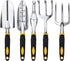 FEBSNOW Garden Tool Set - 5 Pieces Heavy Duty Gardening Hand Tools Kit Include Garden Trowel, Garden Rake, Spade Shovel, Weeder, Cultivator for Me...
