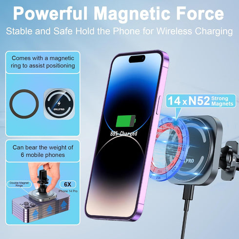 OHLPRO Magnetic Car Wireless Charger for MagSafe Car Mount iPhone 15/14/13/12 Series,Phone Holder Adjustable Telescoping Arm [Military-Grade Sucti...
