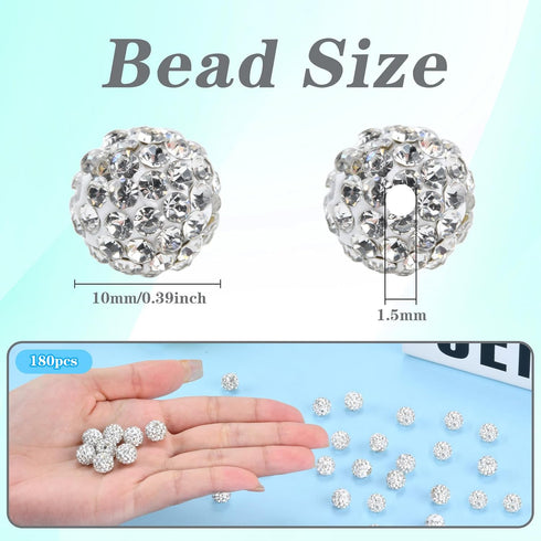 180pcs 10mm Rhinestone Clay Beads for Jewelry Making, White Crystal Round Disco Ball AAA+ Grade Beads Bulk, Sparkly Diamond Bling Baseball Beads f...
