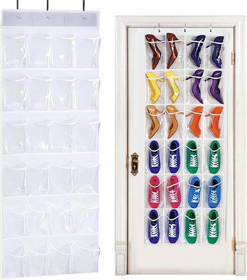 24 Pockets Over the Door Shoe Organizer, Folding Hanging Organiser Shoe Racks with Hooks, Heavy-Duty Hanging Mesh Shoe Holder for Badroom, Bathroo...