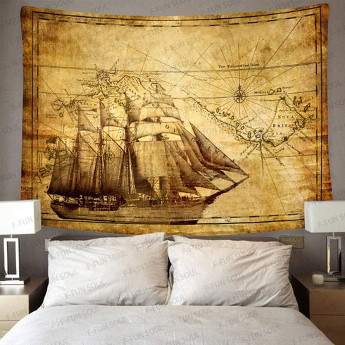 F-FUN SOUL Pirate Treasure Map Sailing Ship Drawing Tapestry, Large 80x60inches Soft Flannel, Old Ancient Pattern Wall Hanging Tapestries for Livi...