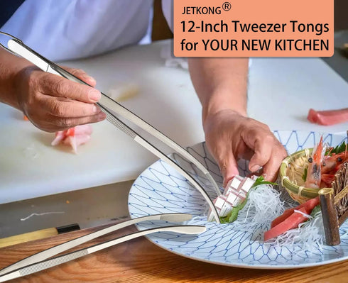 JETKONG 2 Pcs 12'' Curved Kitchen Tweezers Stainless Steel Long Tweezer Tongs Professional Chef Tweezers for Cooking, Grilling and BBQ (Silver)...