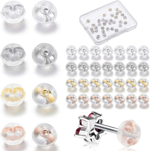 Hicarer 40Pcs 18k White Gold Silicone Earring Backs Replacements Locking Secure Earring Backs for Studs with 1 Storage Box Soft Silver Earring Sto...