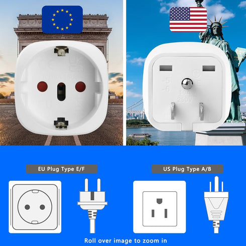 Europe to US Plug Adapter, OFOAEEA 2 Pack European to USA Plug Adapter, EU to US Plug Adapter, Europe to USA Travel Converter for EU Spain France ...