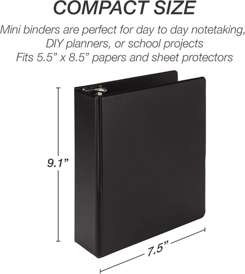 Samsill Economy 1 Inch Mini 3 Ring Binder, Made in The USA, 9.1" x 7.5" Round Ring Binder, Non-Stick Customizable Cover, Black...