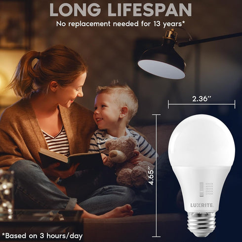 LUXRITE A19 LED Light Bulb 75 Watt Equivalent, CRI90, 5CCT Selectable 2700K 3000K 3500K 4000K 5000K, Dimmable, 1100LM, Standard LED Light Bulbs 11...