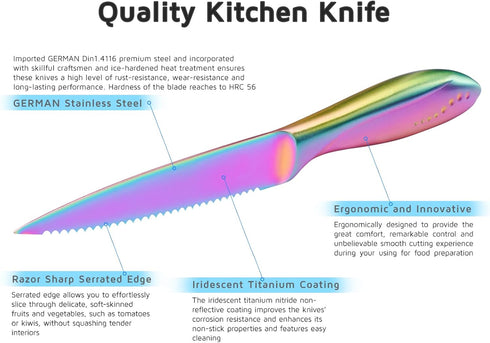 WELLSTAR Utility Knife, 4 Inch Serrated Paring Knife with Super Sharp Rainbow High Carbon Stainless Steel Blade for Fruit Vegetable Cutting Peelin...
