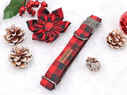 Uniqe Style Paws Christmas Grid Dog Collar, Female or Male Adjustable Dog Collar with Flower, Durable Floral Pattern Pet Collar for X-Small Dogs a...
