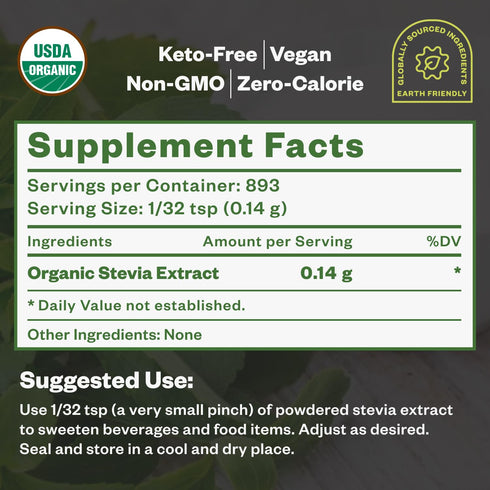 Organic Stevia Concentrated Powder, 125g, Organic Pure Stevia Powder, No Fillers, No Artificial Sweeteners, No Aftertaste, Zero Calorie Stevia Swe...