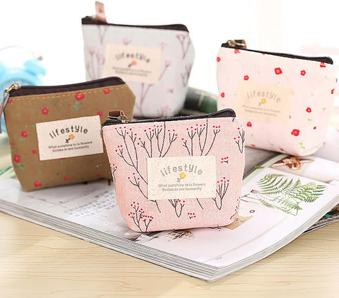 FuninCrea Small Coin Purse, 4 Pack of Different Cute Flower Patterns Canvas Coin Purse with Smooth Zip Mini Wallet for Storing Coin, Credit Card, ...