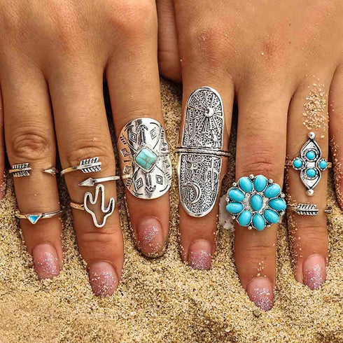 ELABEST Boho Western Ring Set Turquoise Cactus Arrow Joint Knuckle Finger Rings Sets for Women...