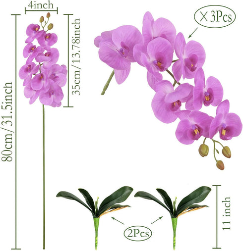 FagusHome 31" Artificial Silk Phalaenopsis Flowers 3 Pcs with 2 bundles Leaves Artificial Orchid Flowers Stem Plants in Purple Fake Butterfly Phal...