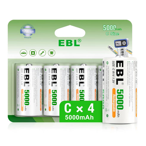 EBL Rechargeable C Batteries, 5000mAh Ni-MH High Capacity C Cell Battery New Retail Package, Pack of 4...