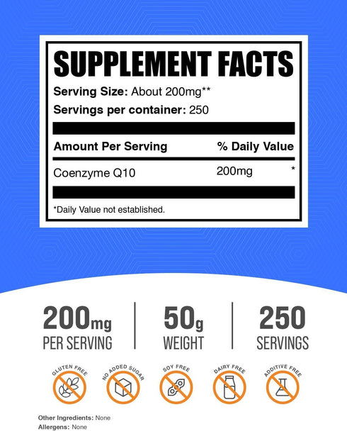 BulkSupplements.com Coenzyme Q10 Powder - Coenzyme Q10 200mg Supplement, Nutritional Supplement - Gluten Free, 200mg per Serving, 50g (1.8 oz) (Pa...