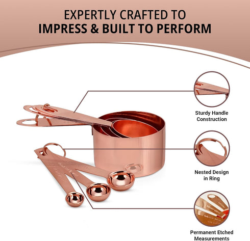 Copper Measuring Cups and Spoons Stainless Steel 9 pieces with 2 Rings...